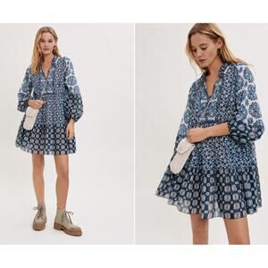 Kourt Dress Women S Blue Boho Patchwork Long Sleeve Tiered‎ Mini Cottagecore